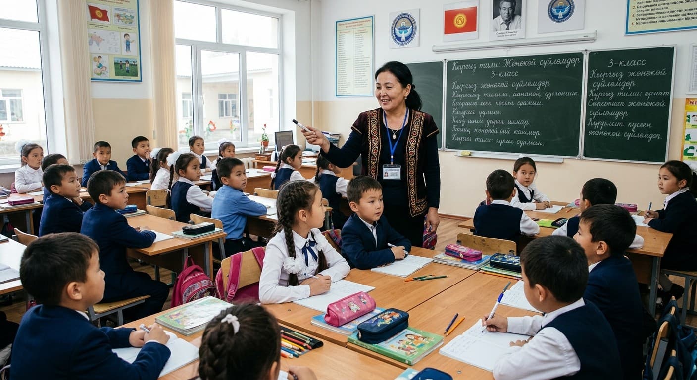 Мугалим 3-класста кыргыз тили сабагын өтүп жатат